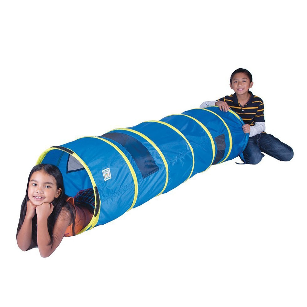 boy and girl crawling through blue activity tunnel
