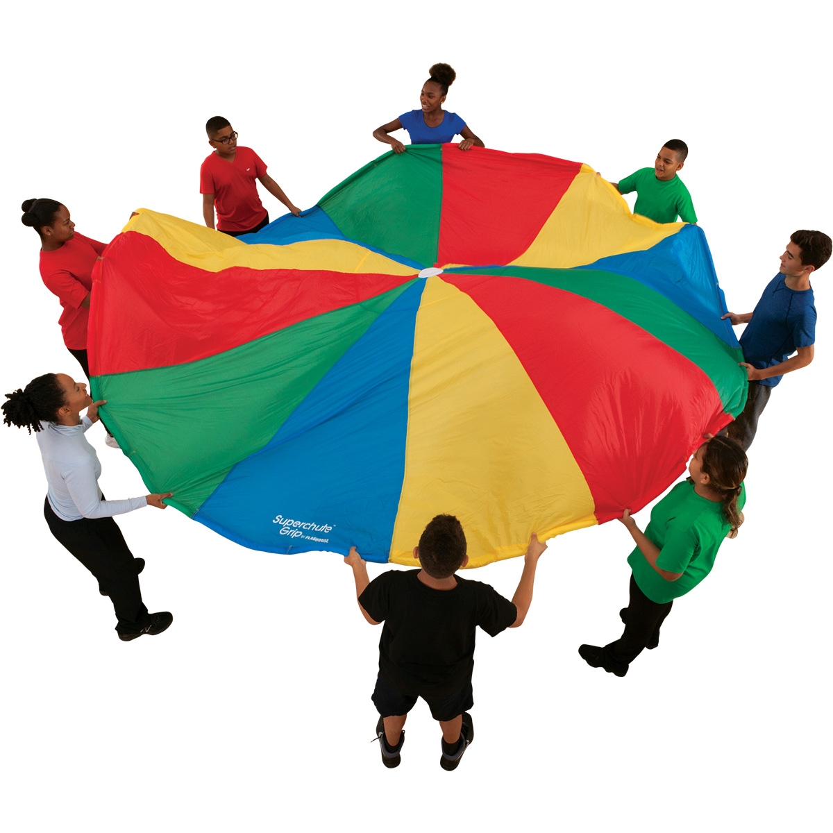 large multicolor gym parachute with students holding it