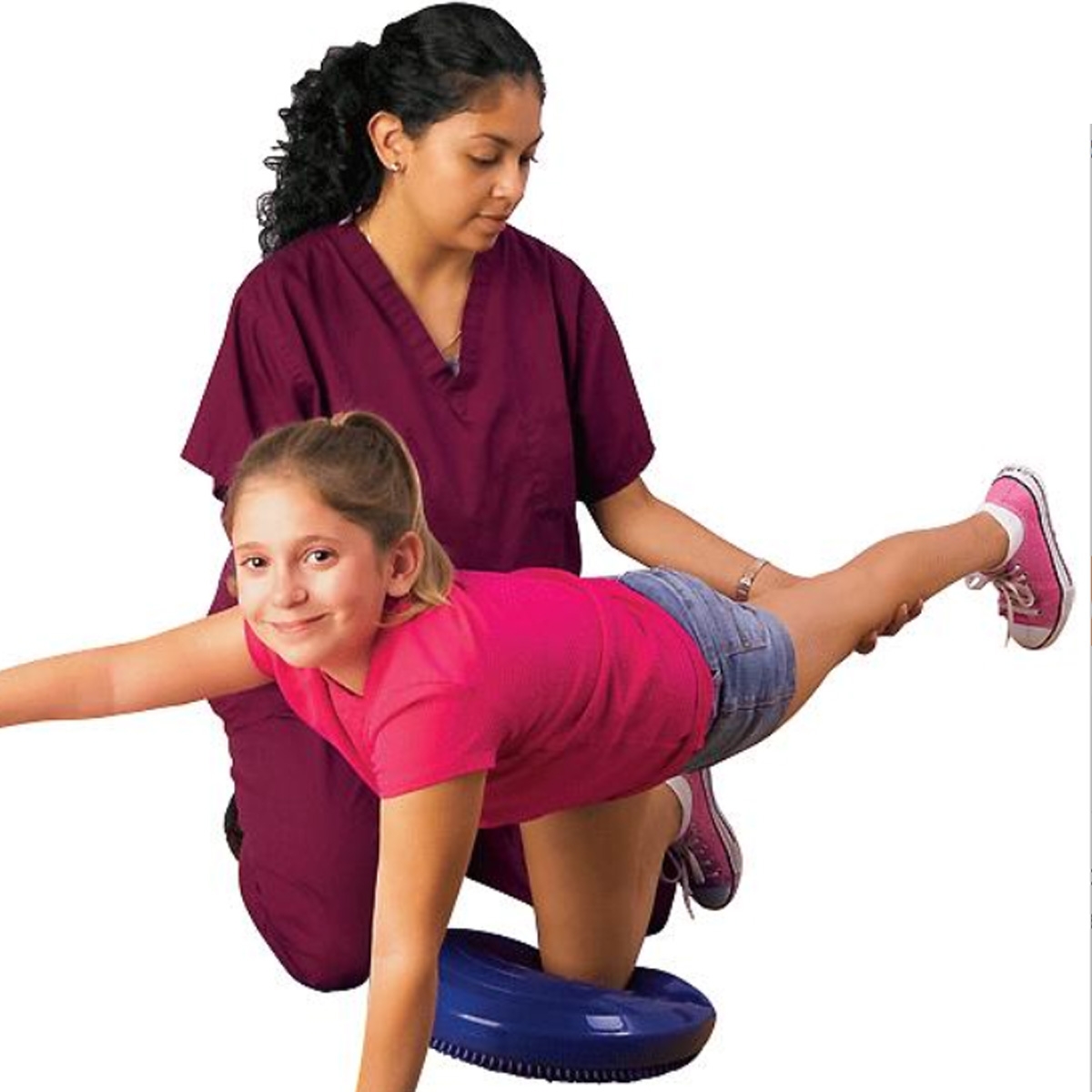 physical therapist with student working on core strength with rubber disc